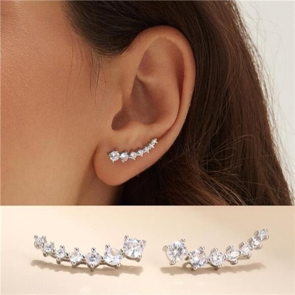 FINREZIO 6Pairs Ear Cuffs Climber Hoop Earring CZ Arrow Crawler Stud Earring - Picture 2 of 7
